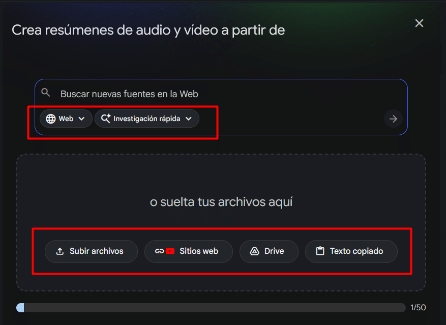 escoger el tipo de fuente de informacion en notebooklm - WIN Internet