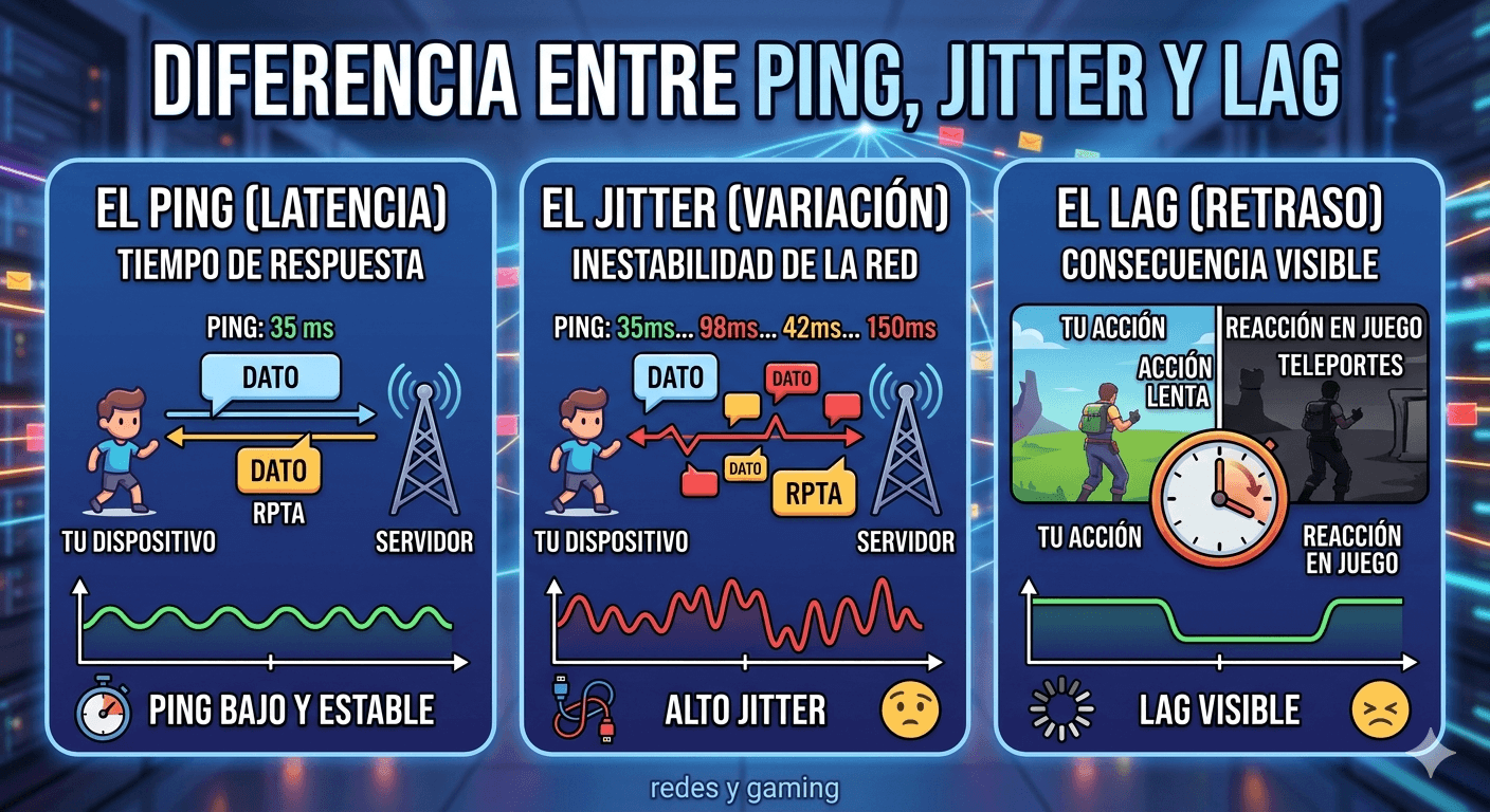 diferencia entre lag jitter y ping